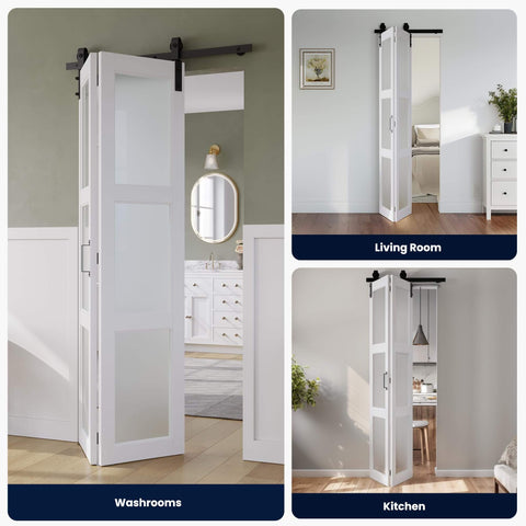 White Frosted Glass Bifold Barn Door 48x84 Inches With Hardware Kit included, installed in washroom, living room, and kitchen.