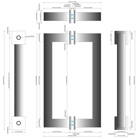 Technical diagram of Stainless Steel 304 Grade Tubular Back-To-Back Shower Door Pull Handle, 8-Inch Center-To-Center, Square Profile