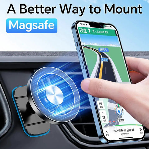 MagSafe Car Mount With 20 Strong Magnets For iPhone 14 15 16 17 Dashboard Holder installed with phone showing navigation.