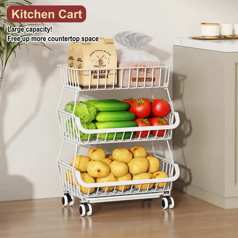 3-Tier Rolling Pantry Cart With Wheels For Kitchen Organization And Storage, filled with vegetables in a kitchen.