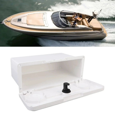 White plastic pontoon boat glove box with lid open; built-in cup holders and storage compartments.