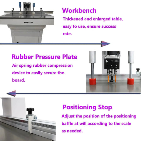 110V Pneumatic Hinge Drilling Machine For Doors And Cabinets with workbench, rubber pressure plate, positioning stop details