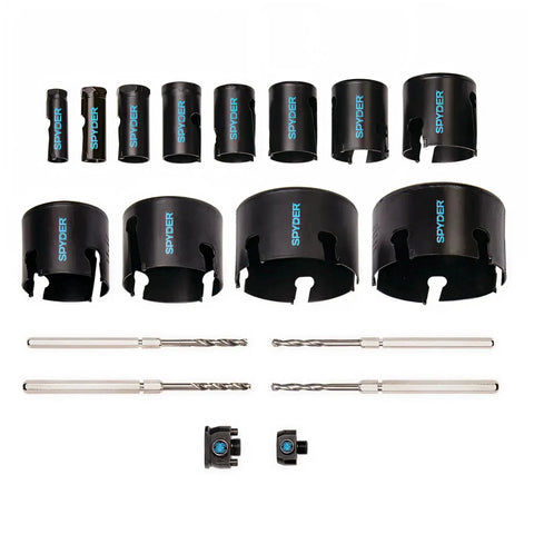 Pro Grade Tungsten Carbide Tipped Hole Saw Kit with 12 saws from three quarters to four and a half inches, 2 arbors, 4 pilot bits.