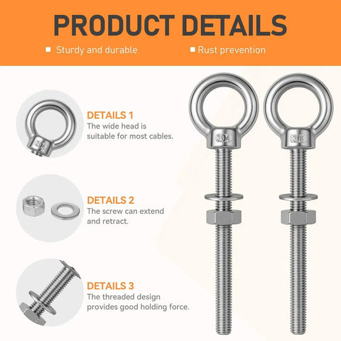Detailed view of Six Pack Stainless Steel Eye Bolts With Shoulder Three Eighths Inch Four Inches Heavy Duty Lifting Rings for ropes and cables.
