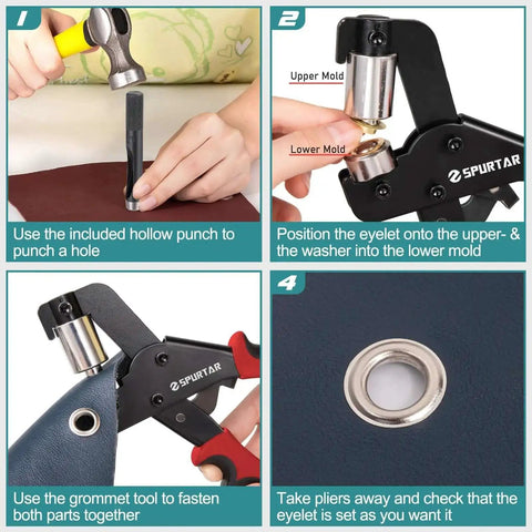 Step-by-step use of 3/8 Inch Grommet Tool Kit with Magnetic Punch on leather, showing hollow punch, positioning, fastening, and finished eyelet