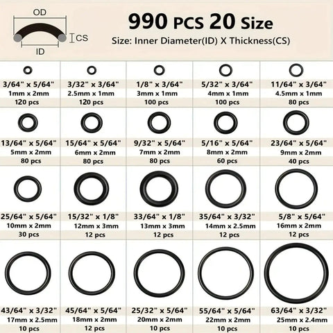 990-Piece Buna-N Nitrile O-Ring Kit With Multiple Sizes For Pressure Washers Auto And Plumbing Repairs Durable Black Set
