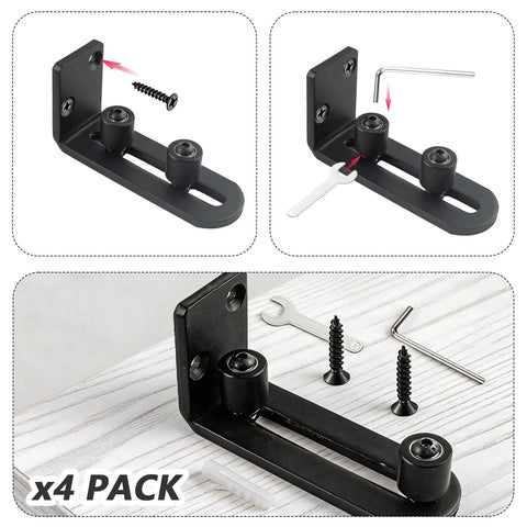 Four Pack Black Sliding Barn Door Floor Guides Flush Wall Mount Bottom Adjustable Rollers Flat Non Scratch Barn Door Hardware Kit With Two Assembly Options Heavy Duty, showing installation components and tools.