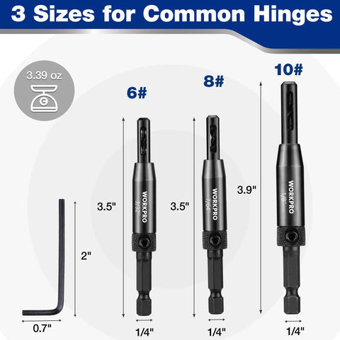 Self Centering Drill Bit Set For Precise Cabinet And Door Installations With HSS VIX Bits, hex key, and three bit sizes shown.