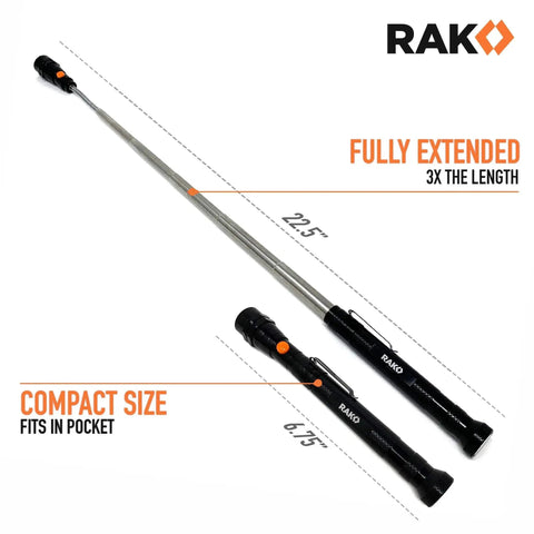 Magnetic Pickup Tool For Men With LED Flashlight And 22 Inch Extendable Neck shown fully extended and compact size comparison