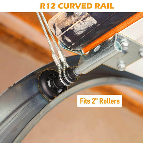 Close-up of Beefed Up Heavy Duty 12 Inch Radius Horizontal Garage Door Tracks Pair For 7 Foot High Doors with 2 Inch Roller