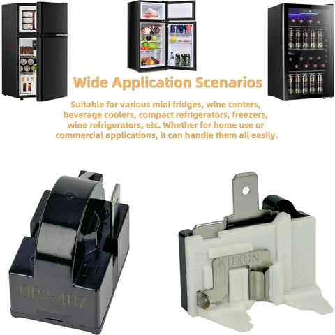 2-Pack PTC Refrigerator Starter Relay Kit With Overload Protectors 6750C-0005P shown with various compact refrigerators in background