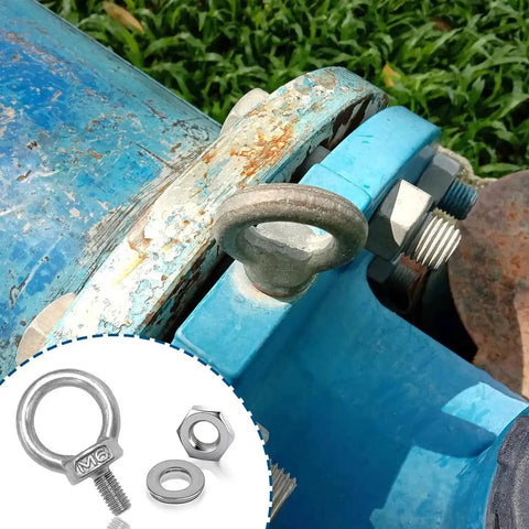 Installed Ten Piece M6 Eye Bolts With Nuts Stainless Steel Lifting Eyebolts UNC Heavy Duty Marine Grade for hoists and boats.