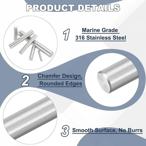 Product details of Heavy Duty Marine Grade 316 Stainless Steel Dowel Pins 8mm By 80mm Set Of 5 with chamfer design.