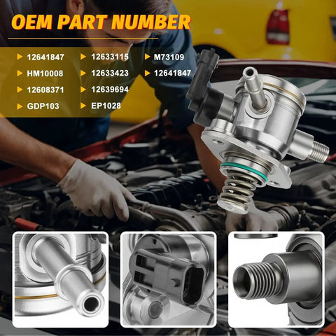 High Pressure Fuel Pump With Gasket And Bolts For Buick LaCrosse Regal Verano 2.4L Malibu Equinox Captiva Sport GMC Terrain 2010 To 2017 Replacement Part GDP103 EP1028 HM10008 Direct Fit, shown with installation details and OEM part numbers.