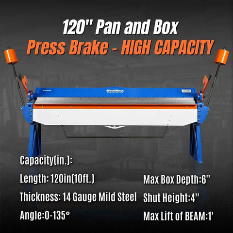 120 Inch Manual Sheet Metal Brake With 14 Gauge Capacity Pro Grade Built Tough For Big Jobs, Model PB12014, front view