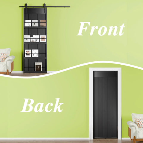 Two Panel 84 Inch Tall Sliding Barn Door With Shelf Style Look, 72 Inch Wide, Installed View, Primed MDF, Kitchen Pantry Use, Black Finish