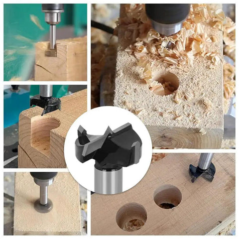 Five Piece 15 To 35mm Woodworking Self Centering Drill Bits Set creating clean hinge holes in wood blocks