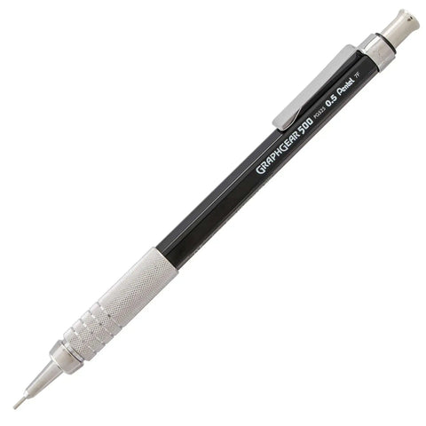 Graph Gear 500 Automatic Drafting Pencil 0.5mm with slick black barrel, slim beveled grip, and metal mesh texture for precision work.