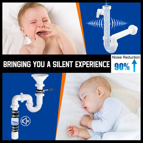 Sump pump check valve assembly with white PVC pipes and steel clamps; blue background ad featuring a sleeping baby.