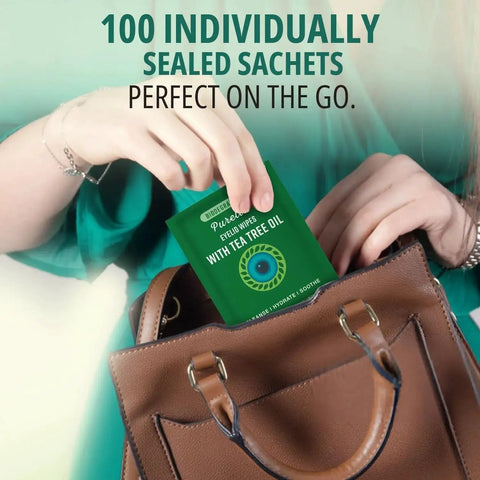 Person placing Tea Tree Eyelid Wipes With Hyaluronic Acid Chamomile Aloe Individually Wrapped into brown handbag