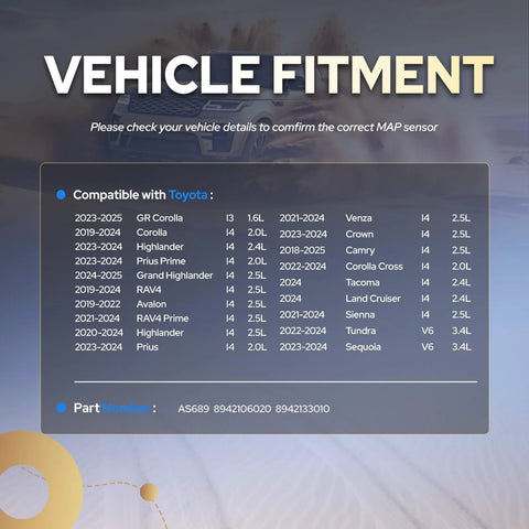 MAP sensor vehicle fitment chart for ENA; shows Toyota compatibility and part numbers AS689 8942106020 8942133010