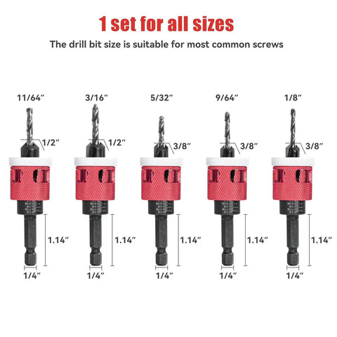 Pro Grade 5 Piece Countersink Drill Bit Set With Low Friction Depth Stop HSS M2 Tapered Head displayed with drill sizes.