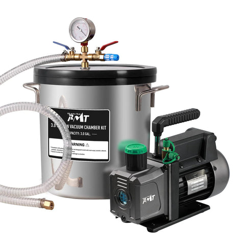 PB Motor Tech 3-gallon vacuum chamber kit with tempered glass lid and 4.5CFM pump; stainless steel chamber and hoses.