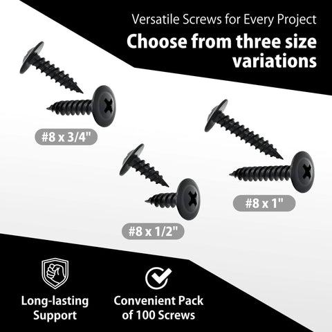 Heavy Duty Tough As Nails Black Oxide Modified Truss Head Wood Screws Set 100 Pack With Three Sizes One Half Inch Three Quarter Inch And One Inch Number Eight Carbon Steel Phosphate Coated Sharp Tips For Wood And Light Metal DIY Carpentry Essentials displayed with size labels.