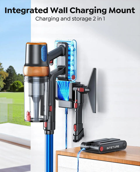 Cordless vacuum cleaner with wall-mounted charging dock and attachments, black and blue, Inteture brand.