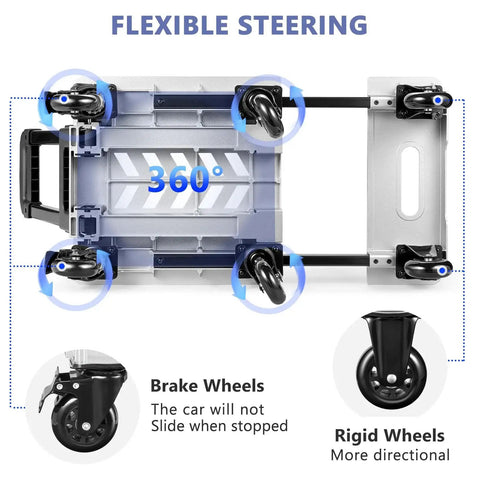 Overhead view of Heavy Duty Folding Hand Truck Dolly With Six Wheels For Moving Heavy Stuff, showing brake and rigid wheels, KEDSUM.