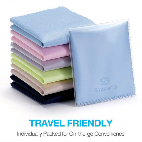 12 Pack Ultra Soft Microfiber Lens Cloths For Glasses Screens Cameras stacked in various colors with one cloth in a clear sleeve