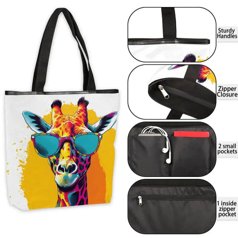 Durable Canvas Tote Bag For Women And Men With Zipper Closure, Reusable Grocery And Shopping Tote, Stylish Shoulder Handbag For Beach, Gym, Picnic Or Work, Eco Friendly Carryall With Giraffe Print Accent, featuring giraffe in sunglasses print, sturdy handles, and multiple pockets.