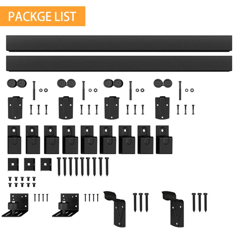 Components of Beefy Heavy Duty 14Ft Exterior Barn Door Hardware Kit For Two Sliding Doors, Wall Mount Track System.