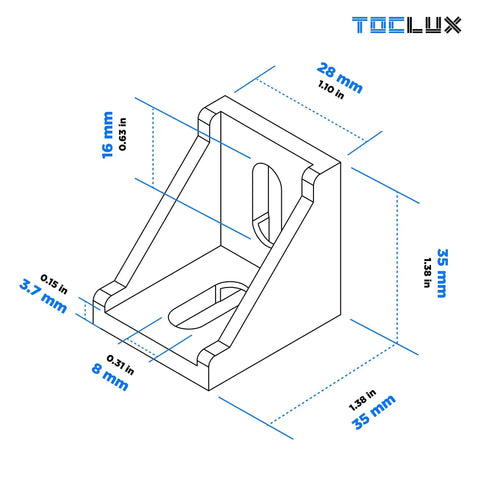 Diagram of durable aluminum extrusion corner bracket with dimensions for 30 Series T slot rails, highlighting heavy-duty and rust-resistant design.