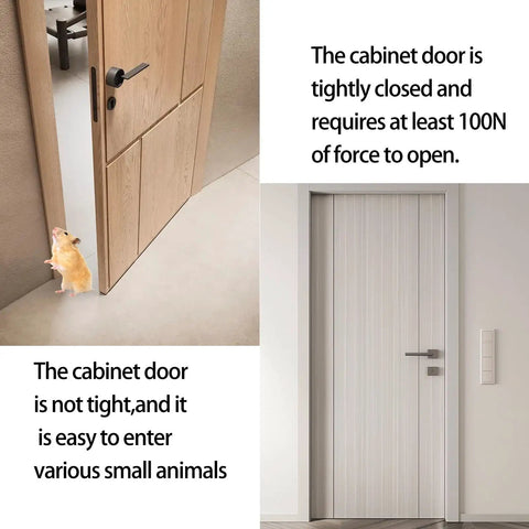Two doors with a mouse beside an open wooden door; text about door tightness and animal entry.
