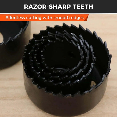 Close-up of 8 Piece Hole Saw Kit showing razor-sharp teeth for smooth cutting in soft wood, plywood, and PVC