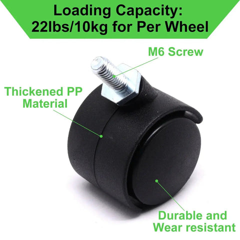 Close-up of black 1 Inch Stem Swivel Casters Set Of 4 with M6 threaded stem, highlighting thickened PP material and 10kg load capacity.