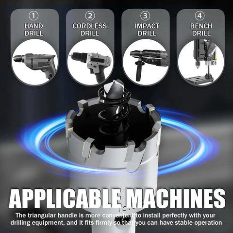 Upgrade Heavy Duty Carbide Hole Saw Kit displayed with compatible hand, cordless, impact, and bench drills images.