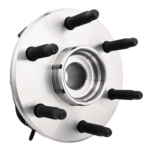 Front Wheel Hub Bearing Assembly 515036 Pair For Chevy Silverado 1500 Suburban Express Avalanche Tahoe 2002 Through 2006 GMC Sierra Yukon Savana Cadillac Escalade ESV EXT 4WD shown close-up, featuring 6-bolt ABS hub for 4WD models.