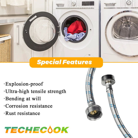Techecook 4 ft stainless steel braided washing machine hoses, burst-proof 2-pack for hot and cold water supply to all washers