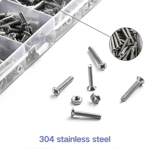 Flat Head M2.5 Stainless Steel Screws Kit 304 Full Thread Fasteners Assortment For Wall Plates And Electronics Includes M2.5x4 5 6 8 10 12 14 16 18mm With Nuts And Bolts Rust Resistant Durable And Easy To Grab