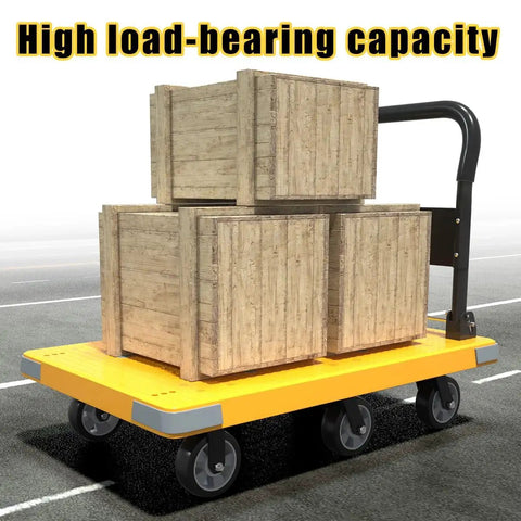 Heavy Duty Folding Platform Cart With 1764 Pound Capacity loaded with wooden crates on six-wheel platform in a warehouse setting