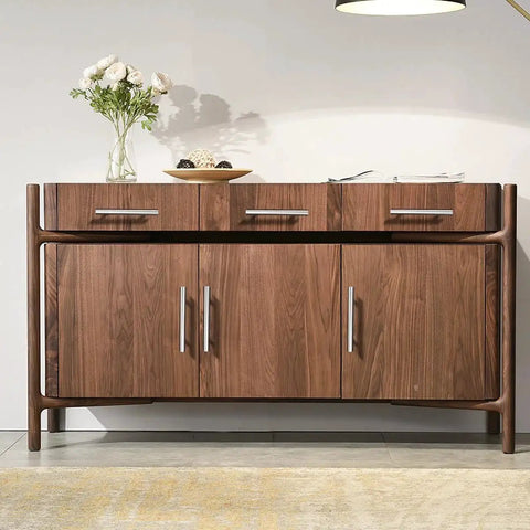 Walnut sideboard adorned with 30 Pack Brushed Nickel Stainless Steel Kitchen Cabinet Handles T Bar Pulls, modern Euro style.