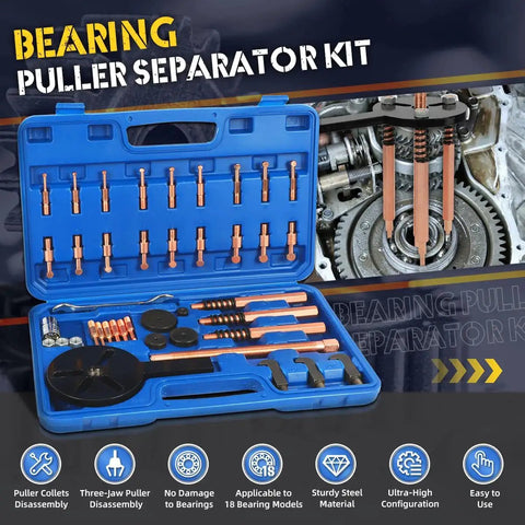 Versatile Bearing Puller Kit For Internal And External Removal displayed in a blue case with tools for safe, damage-free bearing extraction