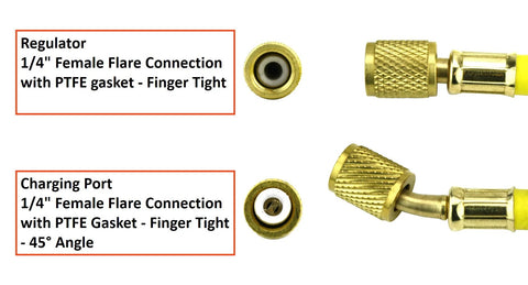 Refrigeration hose with two 1/4 in female flare fittings, PTFE gaskets, brass knurled connectors, 60 in length