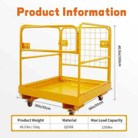 Heavy Duty Forklift Man Basket 36x36 Inches With 1200 Lb Capacity, yellow steel frame, front view