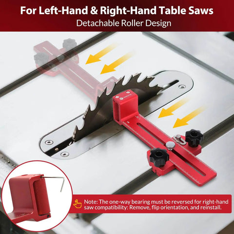 No Fuss Safe One Way Roller Bearing Thin Rip Jig shown on table saw, fits Three Eighths By Three Quarters T Slot And U Slot