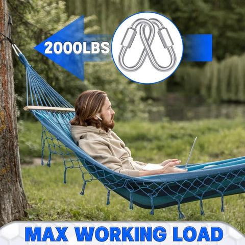 Man relaxing in hammock using 30 Pack M10 Quick Links And Three Eighths Inch Heavy Duty Locking Carabiners Set Four Inch Threaded Chain Link Connectors 2000 Lbs Capacity Anti Rust Galvanized Steel For Towing Swings Shade Sails And Bird Toys
