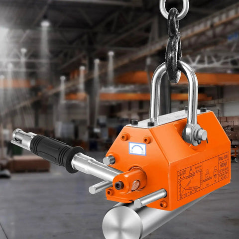 1320 Lb Permanent Magnetic Lifter With Release 2.5 Safety Heavy Duty Magnet in industrial setting, lifting metal rod.