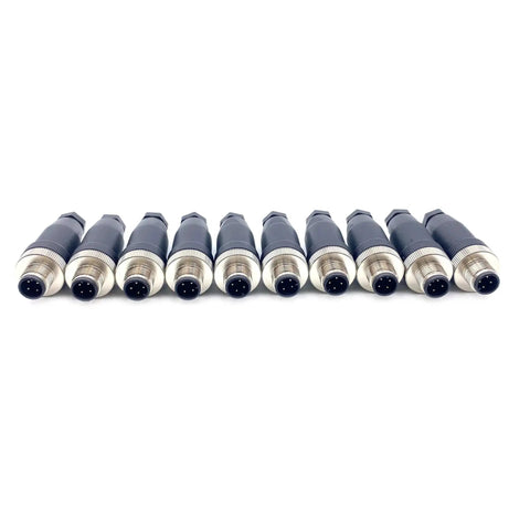 Array of M12 4 Pin Waterproof Male Circular Connector IP67 For Field Wiring Straight Sensor Adapter Workhorse with brass contacts.